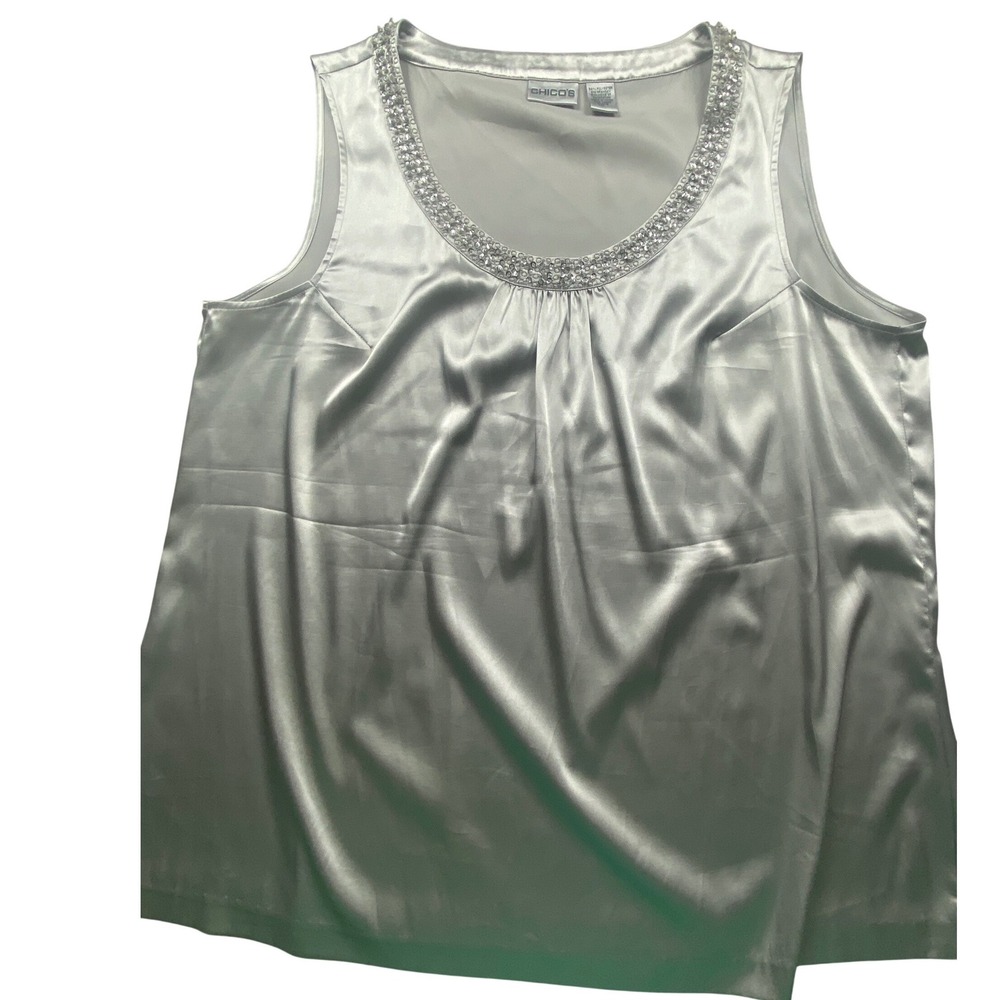 Chicos Silver Satin Beaded Neckline Sleeveless Tank Top Blouse Womens Size 3 Lg